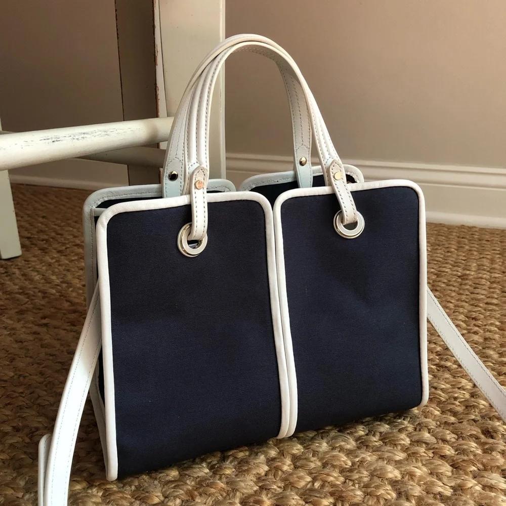 New: Kate Spade Sam Canvas Satchel. Navy with White Leather.